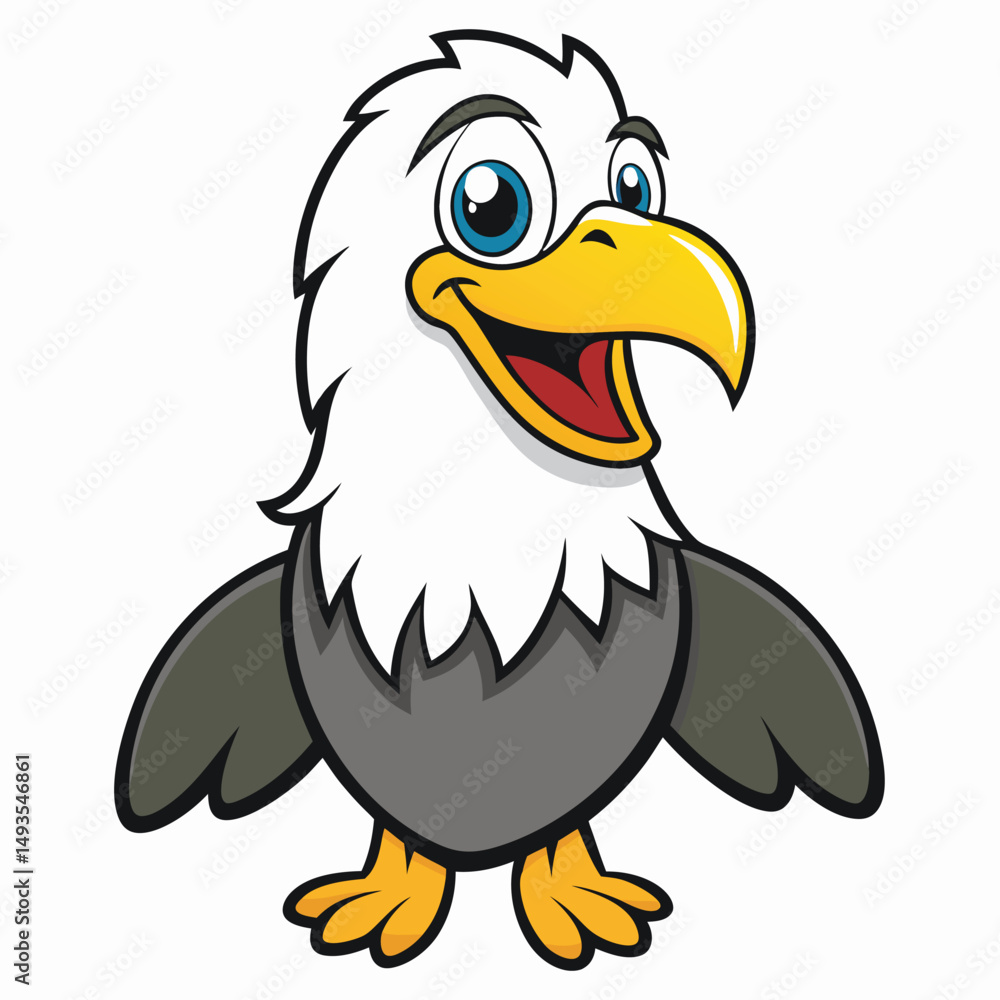 Fototapeta premium Cheerful bald eagle cartoon smiles brightly while standing, presenting its wings and yellow talons