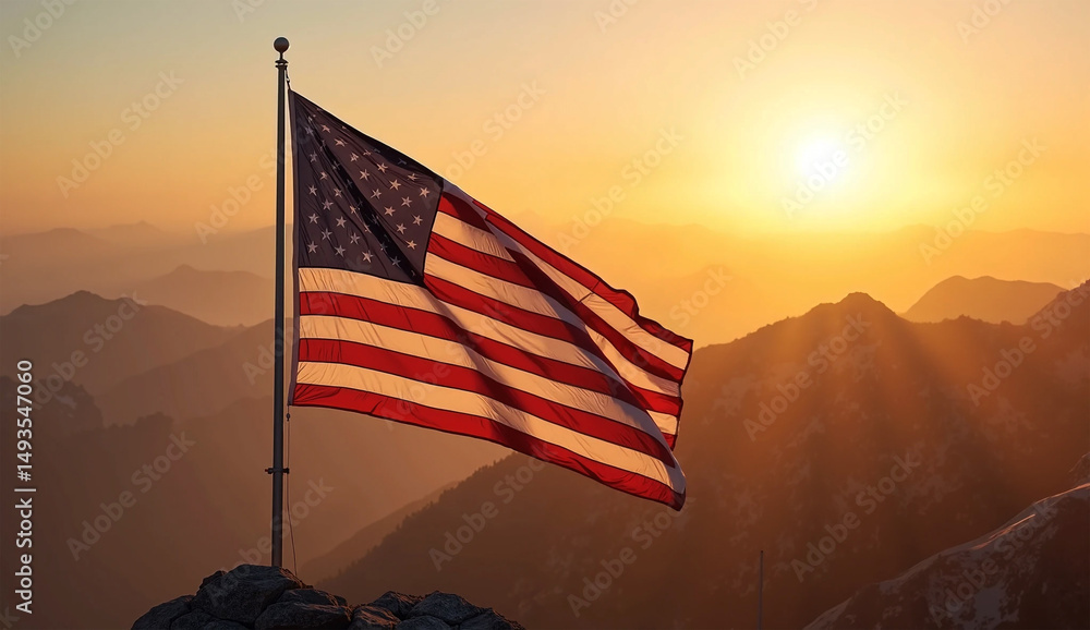 Obraz premium American Flag Waving Proudly at Sunset atop Rocky Mountains – Patriotic USA Landscape Photography