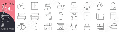 Furniture icon set. Home and office furnishing related line icons: chair, sofa, table, bed, wardrobe, shelf, interior, cabinet, lamp,  and more. Editable stroke. Vector illustration.