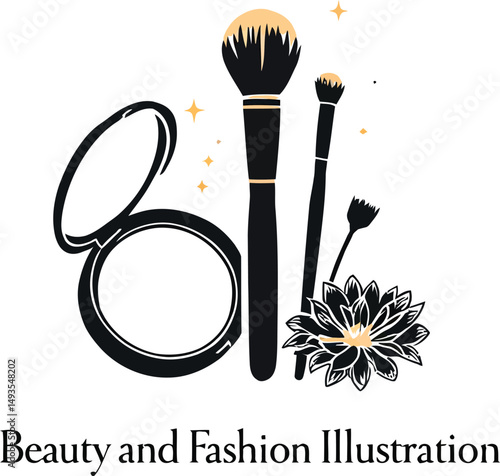 Beauty and Fashion Illustration Logo Featuring an Open Compact Mirror, Three Makeup Brushes of Varying Sizes, a Detailed Flower, and Sparkling Accents, Representing Elegance, Cosmetics, and Artistic 