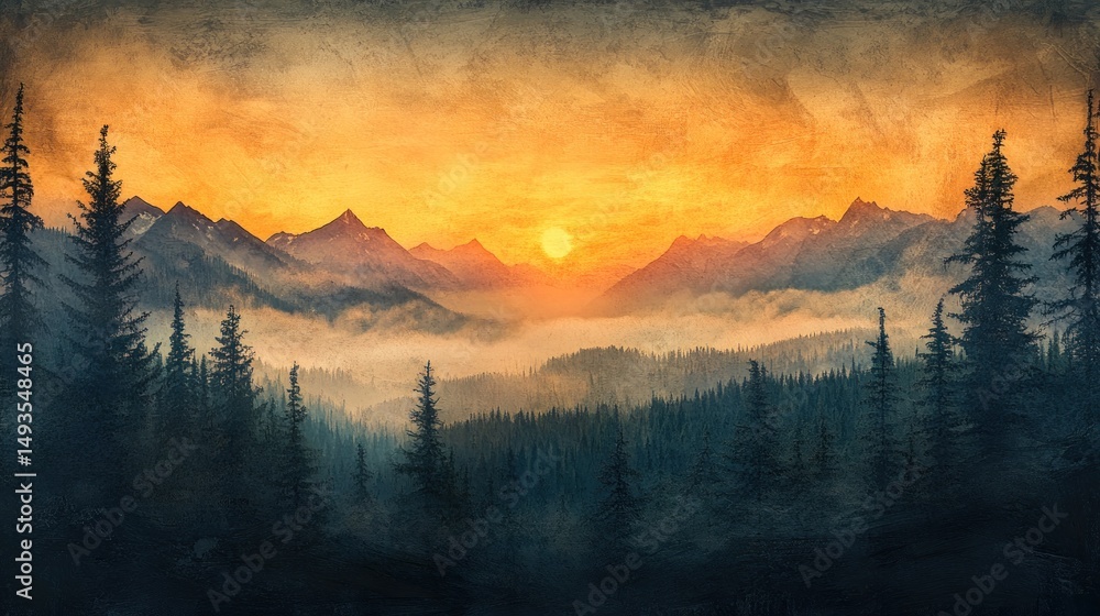 Obraz premium Majestic Sunset Over Misty Mountains