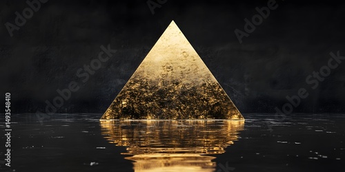Golden pyramid shape on dark reflective surface.