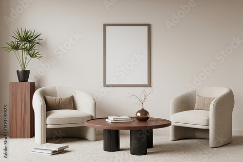 Modern minimalist living room interior design with two beige armchairs a wooden coffee table and a blank frame on the wall