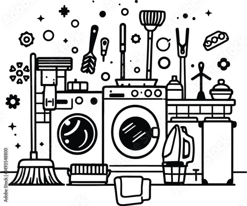 Household Cleaning Essentials Silhouette Featuring a Collection of Cleaning Tools, Including a Washing Machine, Dryer, Broom, Mop, Dustpan, Scrub Brush, Spray Bottle, Trash Can, and Other Cleaning 