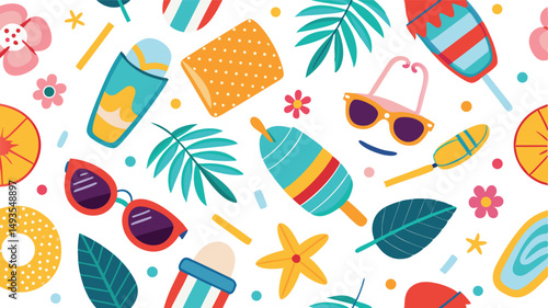 summer beach elements pattern sunglasses flip flops ice cream.