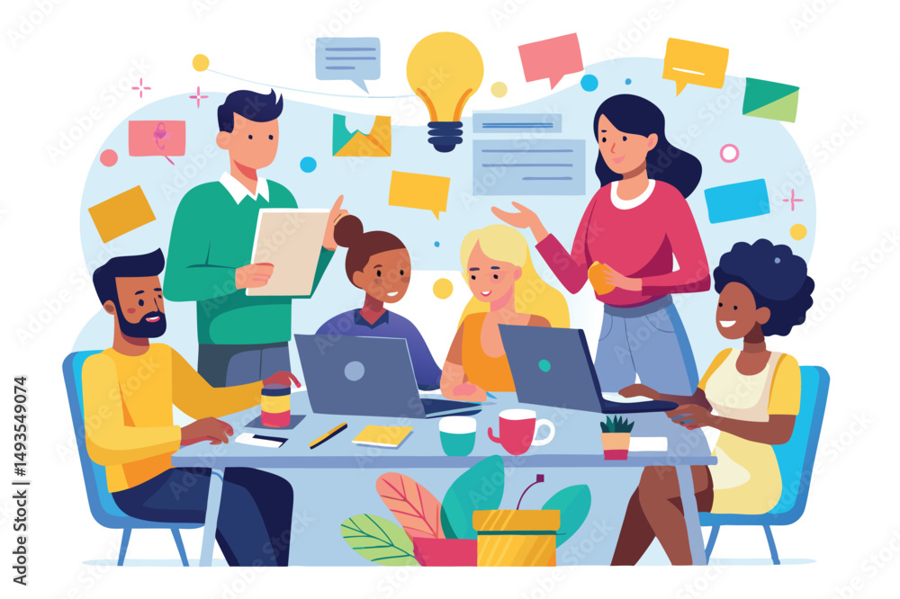 Group collaboration in a modern office setting with diverse individuals engaged in a creative brainstorming session Group collaboration in a modern office setting with diverse individuals engaged in a creative brainstorming session