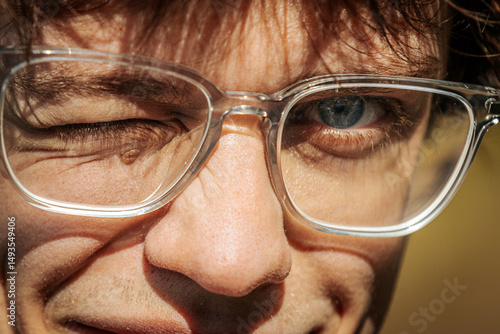 Fényképezés Extreme close-up of a young man with clear glasses squinting one eye in bright sunlight, showcasing facial detail and expression