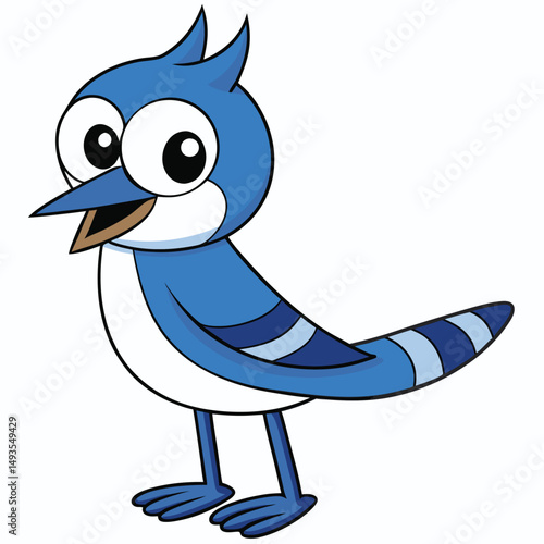 Cartoonish blue jay stands cheerfully, showing its open beak on an isolated background
