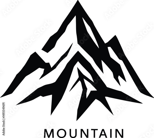Bold Mountain Emblem Featuring Sharp, Angular Peaks with Strong Linework, Accompanied by Capitalized Text "MOUNTAIN" Below, Representing Strength, Adventure, and Natural Landscapes in a Minimalistic 