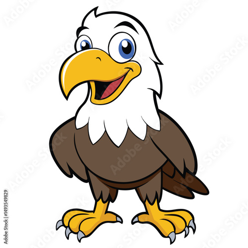 A cartoon bald eagle with brown feathers stands, grinning widely and looking straight ahead cheerfully