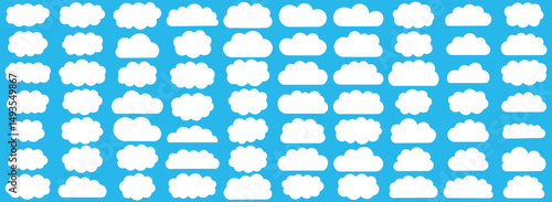 White abstract cloud illustration set. Cute fluffy, bubbly clouds collection.  Vector set of clouds shapes. Abstract comic weather elements. Objects cloudscape for game. White cloud icon vector set.