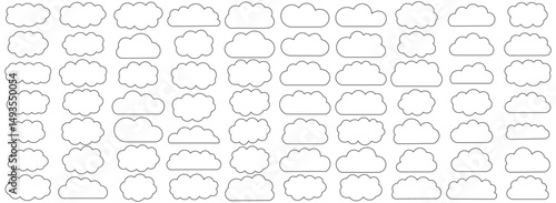 Black abstract cloud illustration set. Cute fluffy, bubbly clouds collection.  Vector set of clouds shapes. Abstract comic weather elements. Objects cloudscape for game. Black  cloud icon vector set.