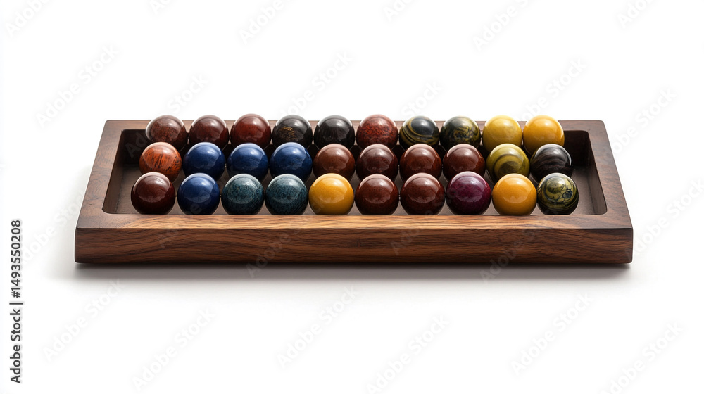 Arrangement of colorful glossy spheres in a wooden tray. Arrangement of colorful glossy spheres in a wooden tray.
