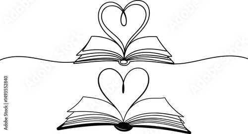 Open Book Heart Line Art, Love Reading Minimal Vector Illustration.