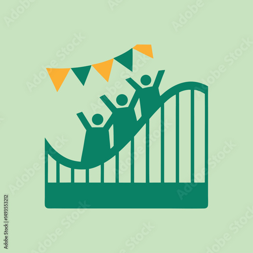 Cartoon illustration of a roller coaster with cheerful riders and festive bunting graphic