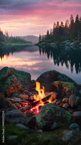 Campfire burns brightly in serene wilderness at twilight with glowing embers and nature surrounding