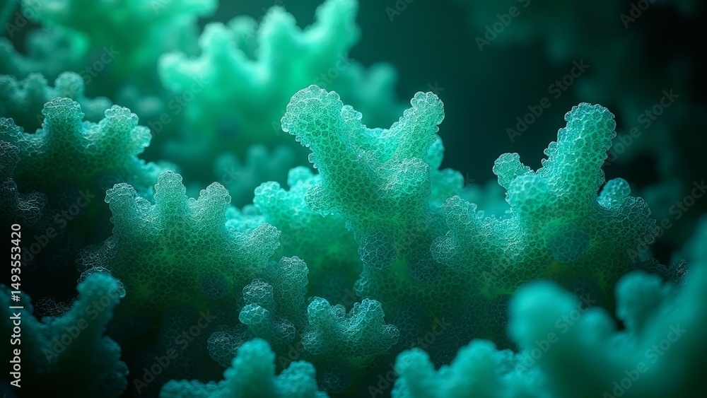 Microscopic image of green cell clusters Microscopic image of green cell clusters