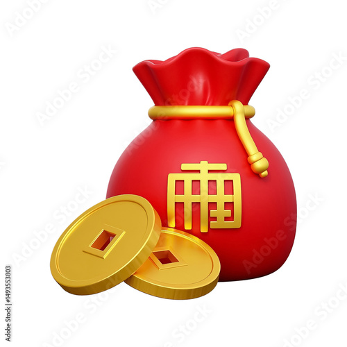 Red Money Bag with Gold Chinese Coins for Lunar New Year