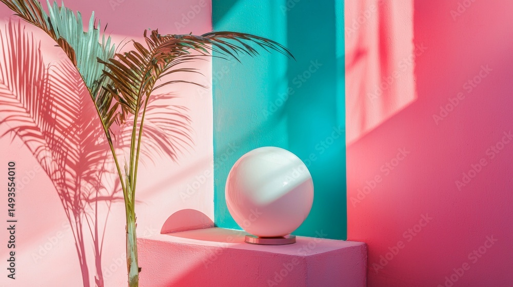 Naklejka premium Contemporary abstract set with palm and geometric sphere against pink blue backdrop modern interior style