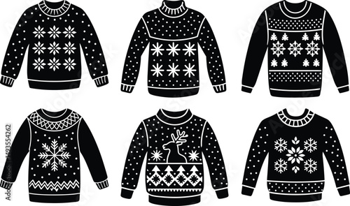Vector illustration of christmas sweaters in black and white winter holiday apparel
