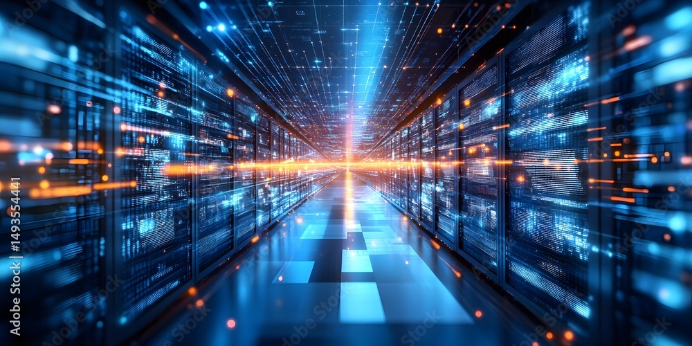 Fototapeta premium Futuristic data center hallway visualization.