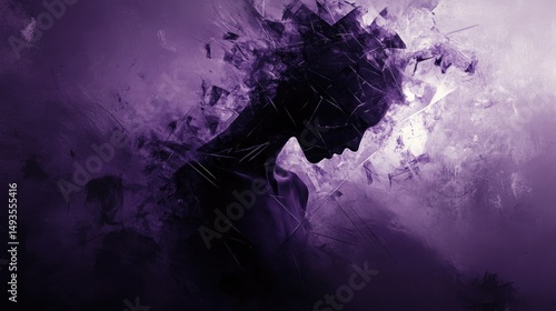 Abstract silhouette of woman with shattered glass effect in purple