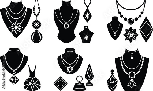 Elegant black and white silhouettes of various necklaces and jewelry designs