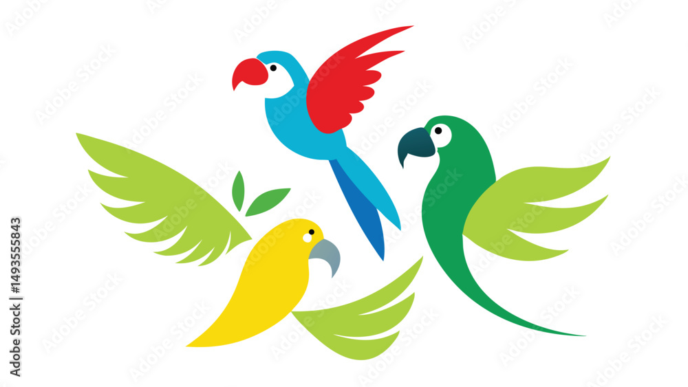 Fototapeta premium Tropical Birds Parrots Vector Illustration Clean White.