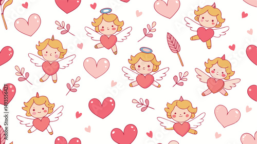 Valentine Hearts and Cupids Seamless Pattern on White Background.