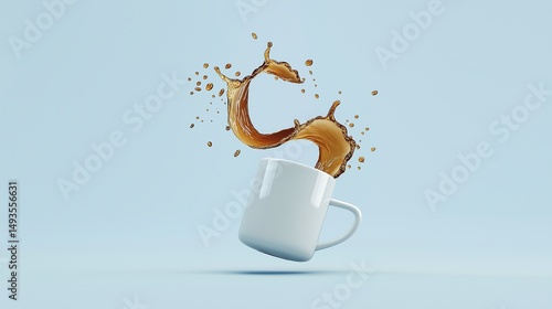 Dynamic coffee mug suspended in mid air on blue image. dramatic splash of hot energy drink photography scene photorealistic. Morning activity expression concept photo realistic
