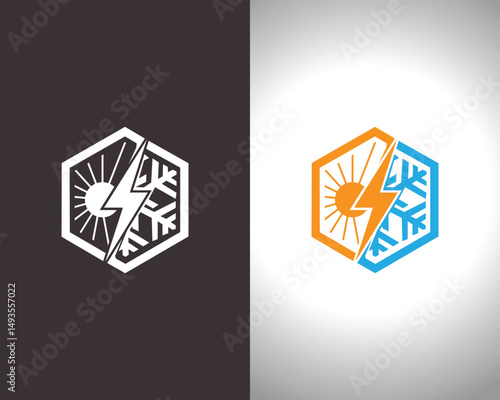 Heating and cooling system vector template with sun snowflake and lightning bolt design representing air conditioning and climate control solutions