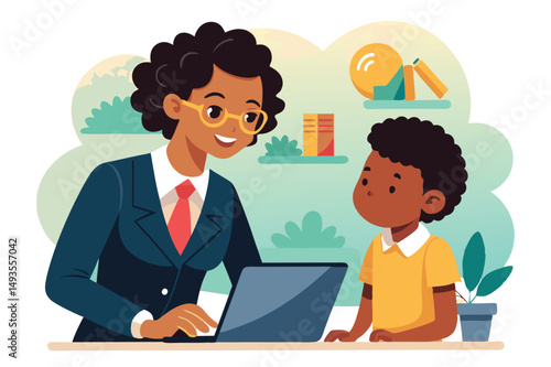 Engaging teacher assists student with tablet in vibrant classroom setting during daytime