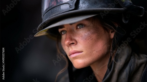 Portrait of a determined firefighter wearing protective gear during a challenging rescue operation in a smoky environment at dawn