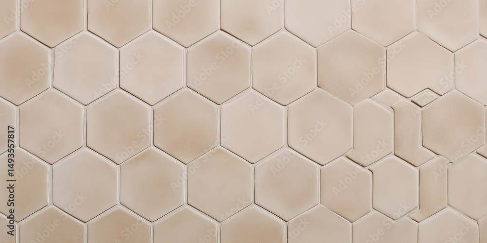 Beige hexagonal ceramic tile texture with satin finish and honeycomb layout.
Beige hexagonal ceramic tile texture with satin finish and honeycomb layout.