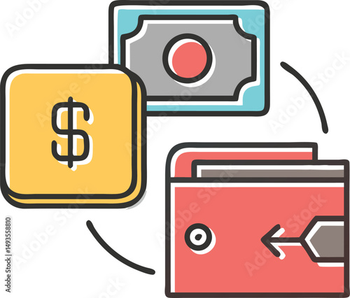 Financial cycle illustration with dollar sign banknote and wallet depicting transactional business concepts
