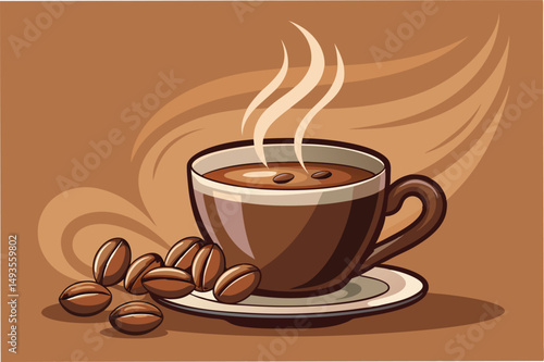 Warm cup of coffee with steam rising above on a brown background featuring coffee beans scattered nearby