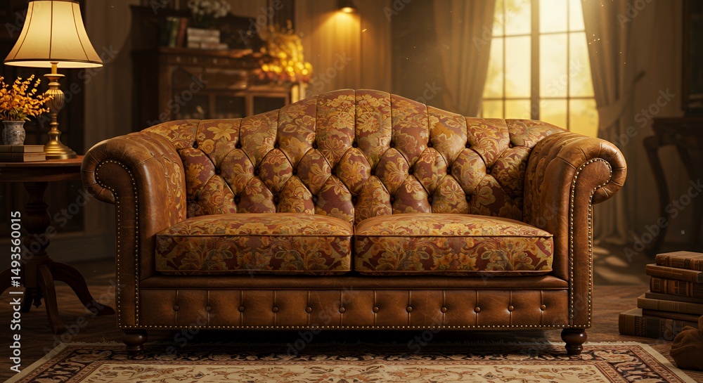 Fototapeta premium Vintage Floral Sofa with Distressed Leather in a Cozy Autumnal Home Interior