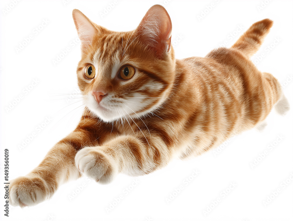 Fototapeta premium Orange tabby cat mid-leap, full body, on a white background