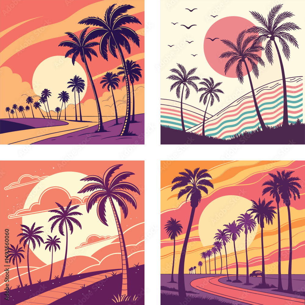 Obraz premium A glowing sun setting behind a row of palm trees with an 80s aesthetic.