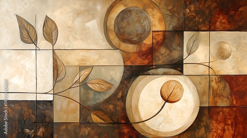 Abstract artwork featuring leaf-like forms and geometric shapes.