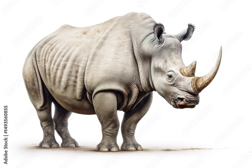 Fototapeta premium A powerful rhinoceros, its horn and thick skin texture prominent, captured on a white background