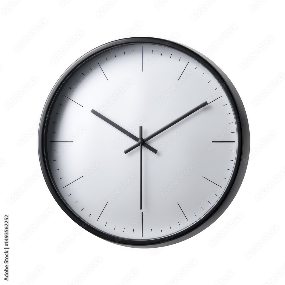 A sleek and modern black wall clock with a minimalist design features a clean white face and simple black hands, elegantly isolated against a crisp white background. A sleek and modern black wall clock with a minimalist design features a clean white face and simple black hands, elegantly isolated against a crisp white background.