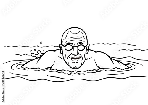 Retired man swimming confidently with joy in a refreshing line art illustration