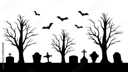 Vector black silhouette of a scary cemetery landscape with graves