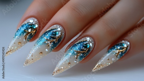 Winter-themed, long, pointed artificial nails with glitter and gemstones