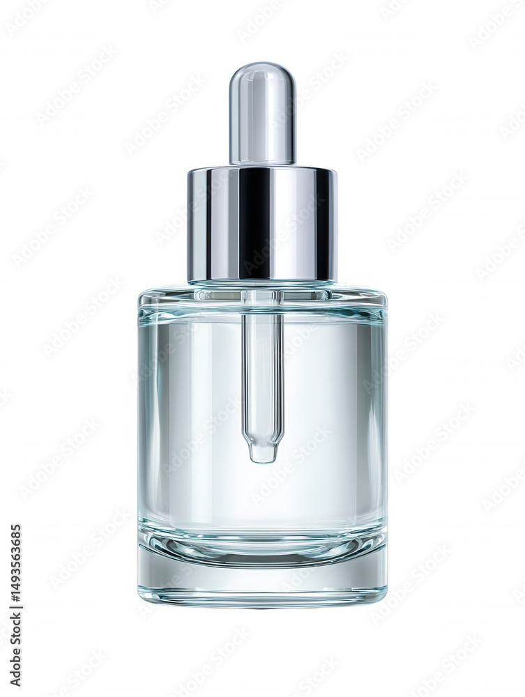 A clear glass serum bottle with a silver dropper sits isolated on a white background, showcasing its sleek design and potential for beauty or skincare products. A clear glass serum bottle with a silver dropper sits isolated on a white background, showcasing its sleek design and potential for beauty or skincare products.