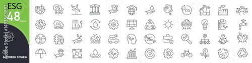 ESG icon set. Sustainability and corporate responsibility related line icons: environment, ethics, governance, social impact, compliance, recycling, green energy, transparency and reporting.