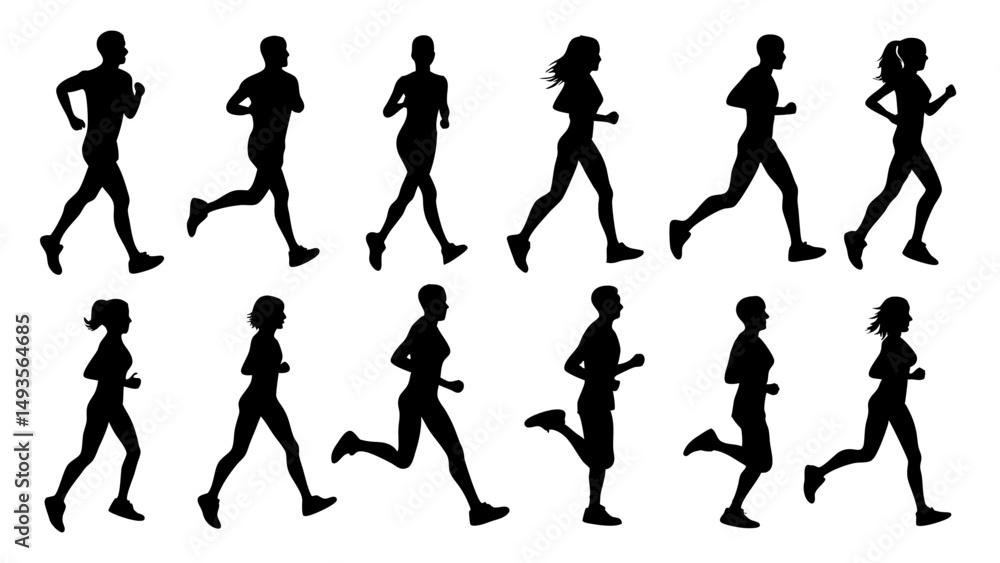 Fototapeta premium set of running people silhouette vector on tranparent background.