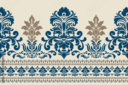 Damask floral pattern border. Motifs Ikat floral ethnic oriental pattern traditional.Aztec style abstract vector illustration.design for texture, fabric, scarf,background,carpet,rug