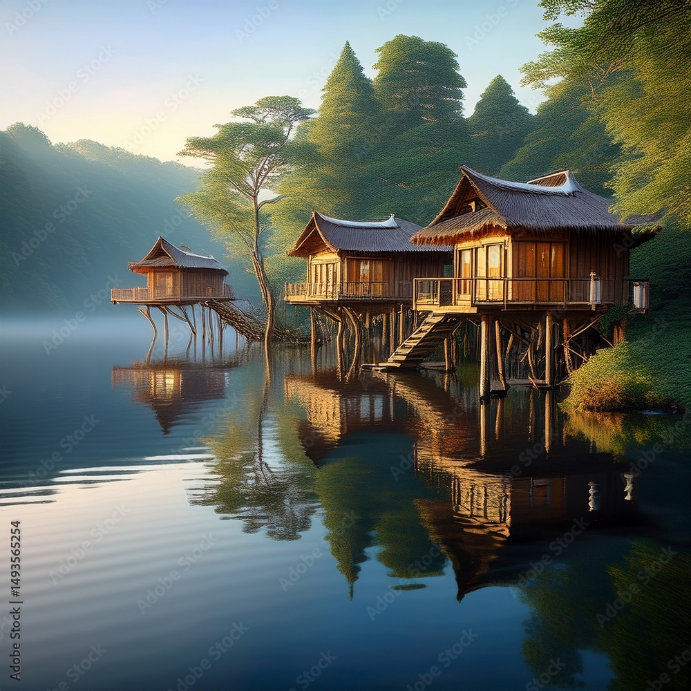 Fototapeta premium Nachhaltige Baumhäuser direkt am Seeufer in waldreicher Umgebung